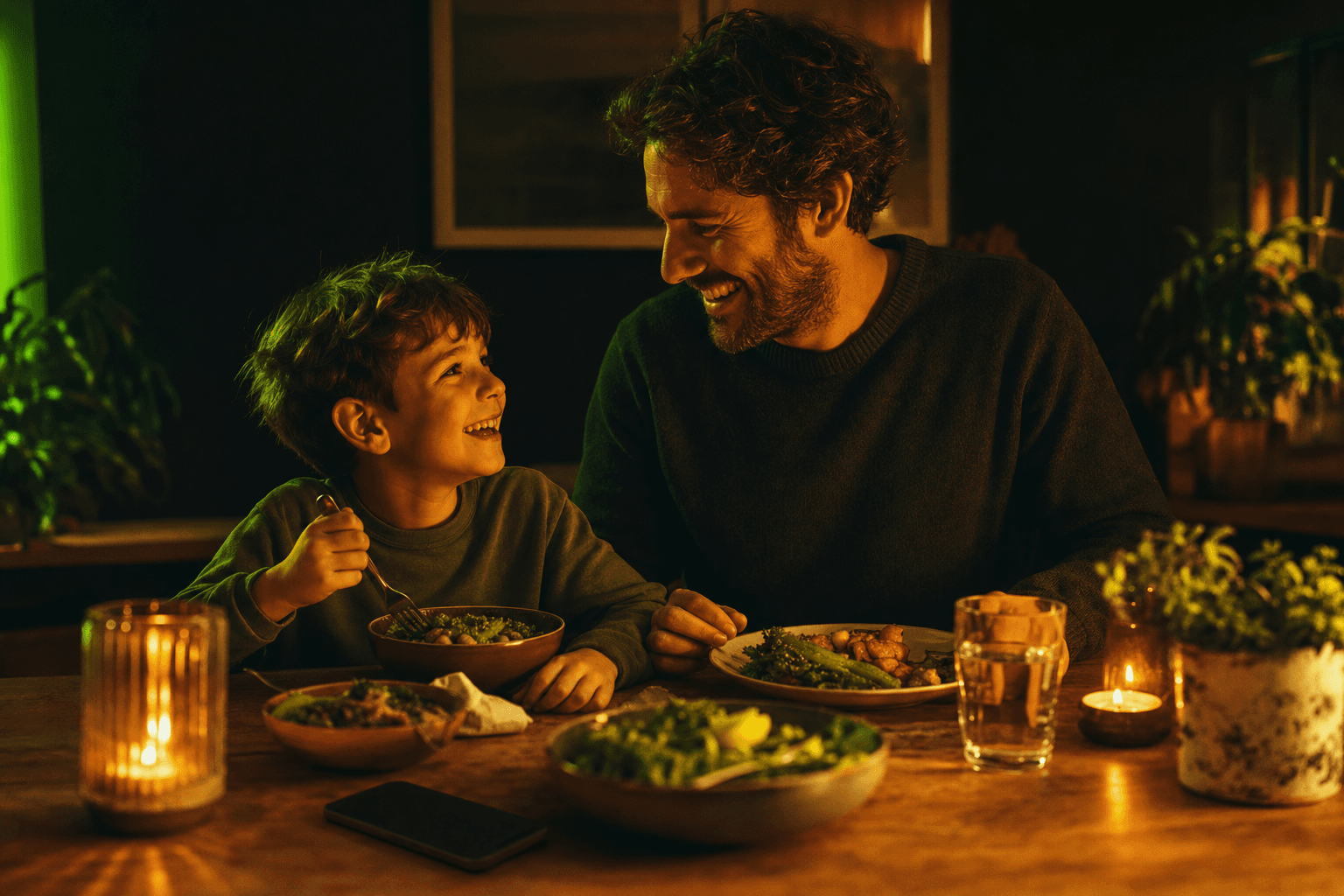 Un dueño cenando con su familia mientras su equipo de IA opera por él